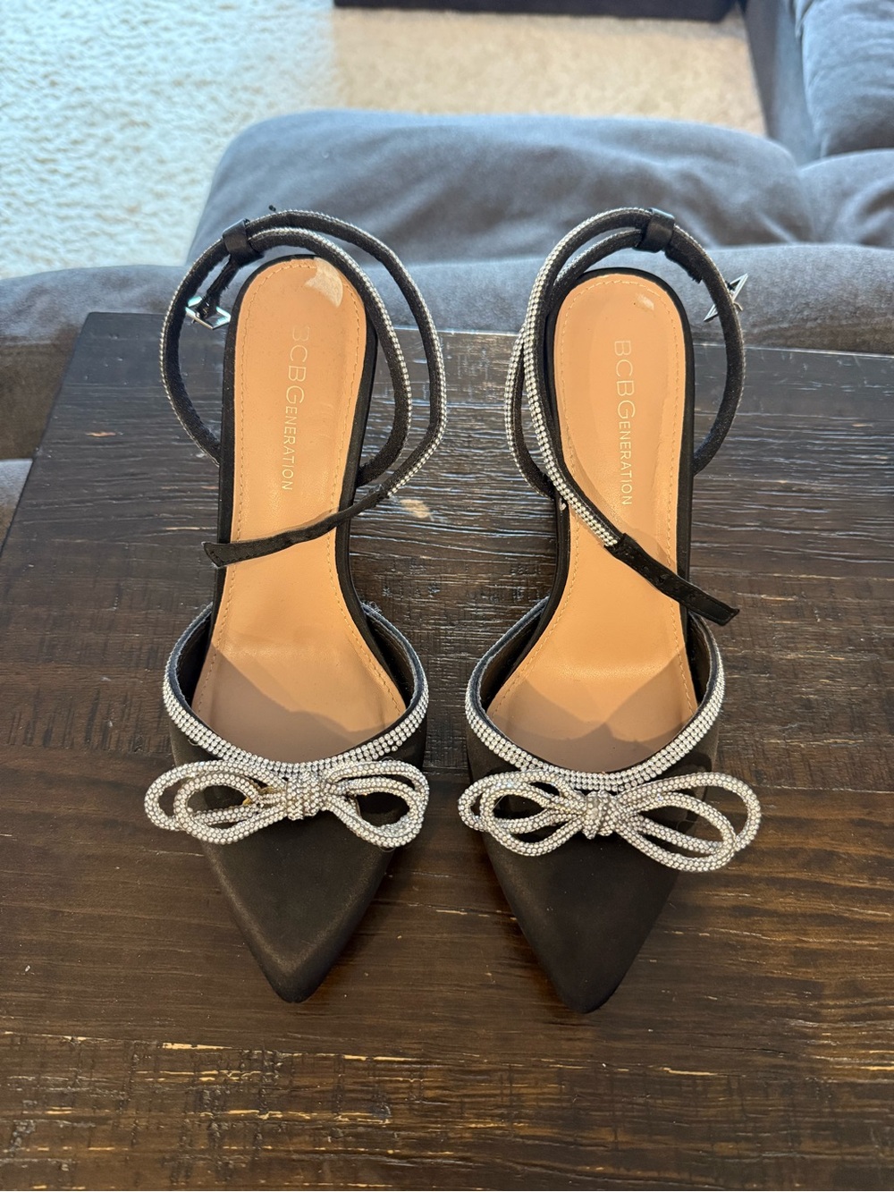 BCBGeneration Black Pointed Slingback Heels with Rhinestone Bow